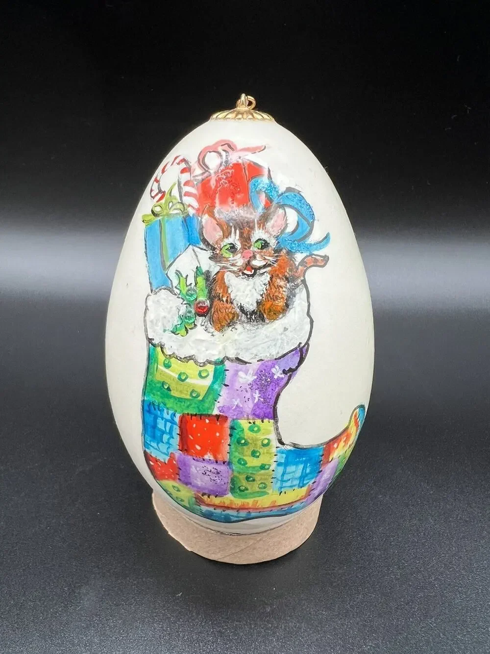 Hand Painted 4” Christmas Egg Ornament Cat w Presents in Stocking Signed
